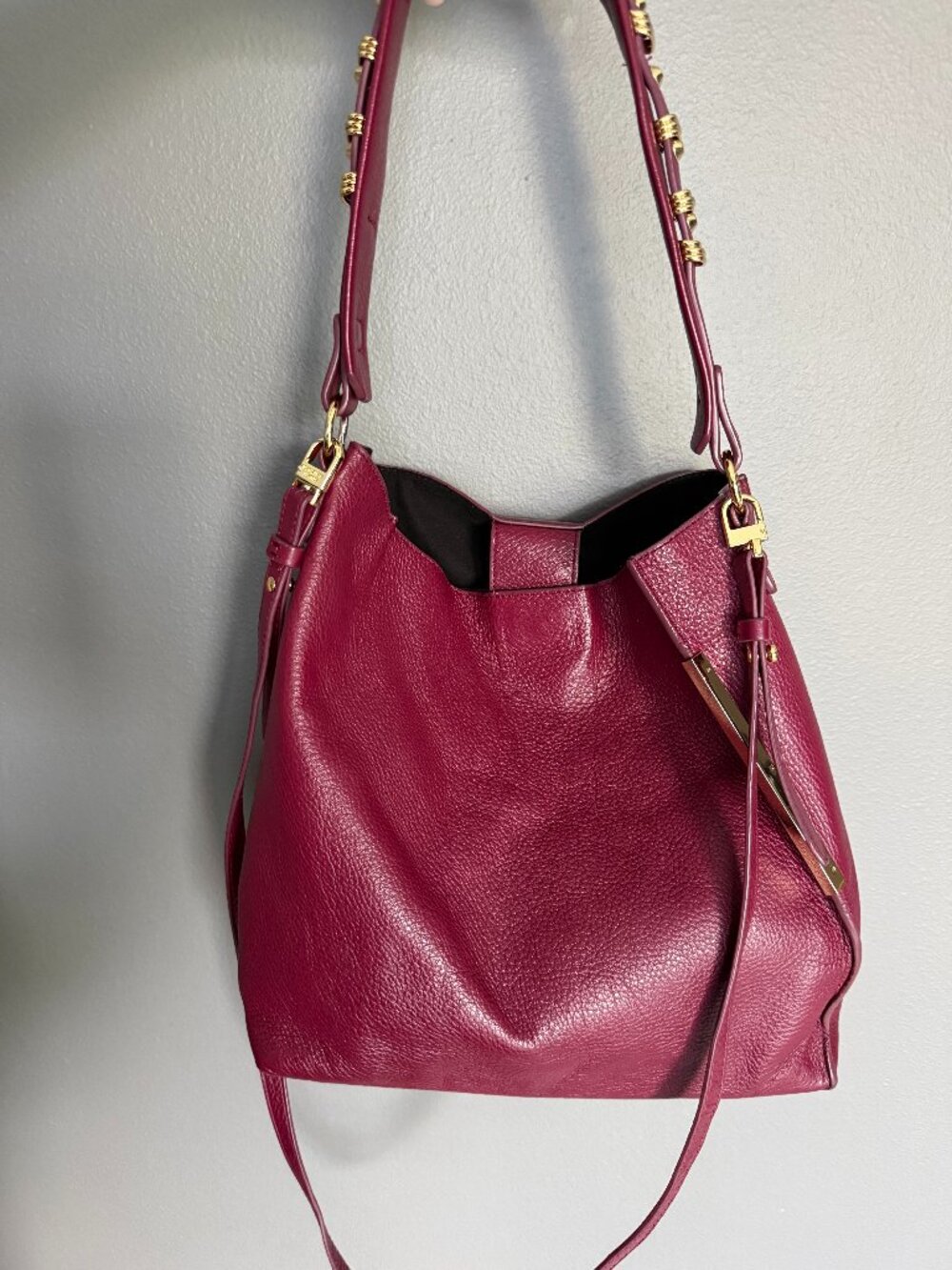 Stuart Weitzman Wine Red Leather Hobo Bag with Gold Hardware